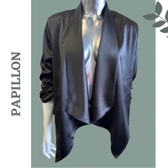 Papillon 🇨🇦 Black Satin Blazer with Ruched Sleeves Size XXL - Picture 3 of 7